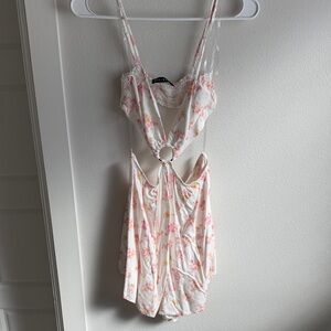 Blue Blush Cream Floral Ring-Front Romper with Pink and Yellow Blossoms